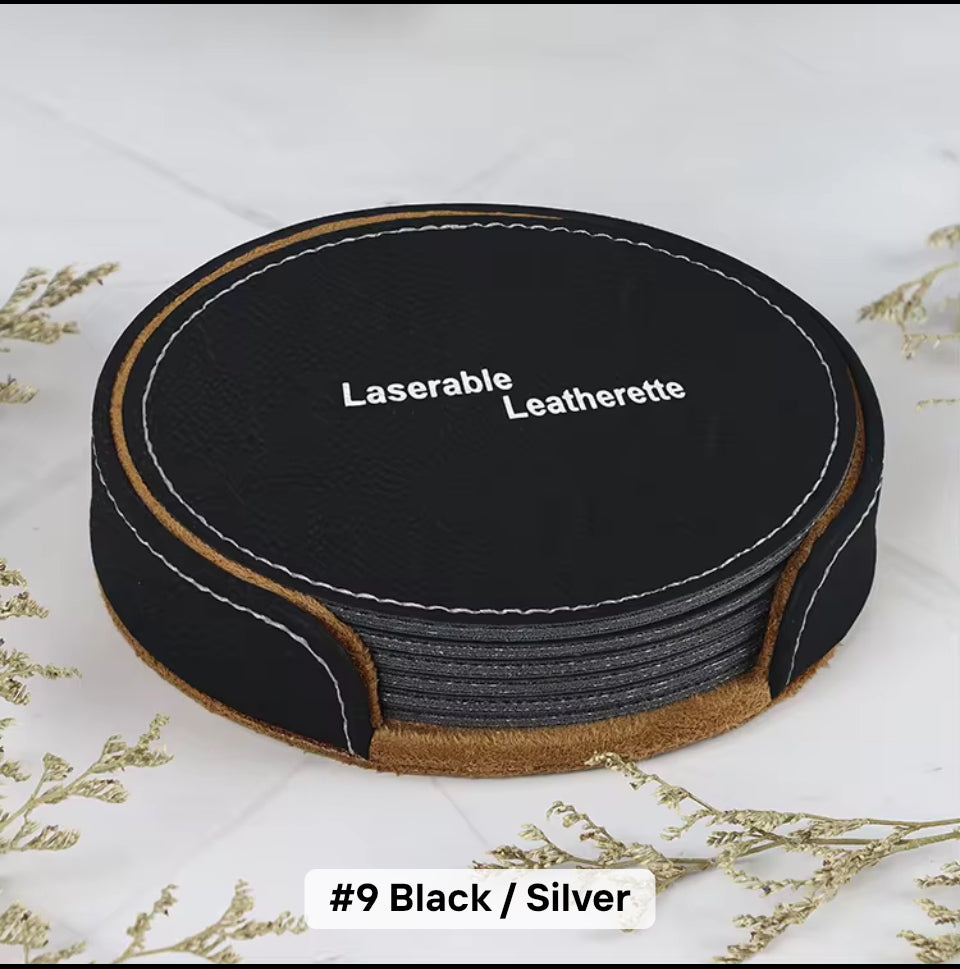 Laser Engraved Coaster Set - 6 Round PU Leather with Holder