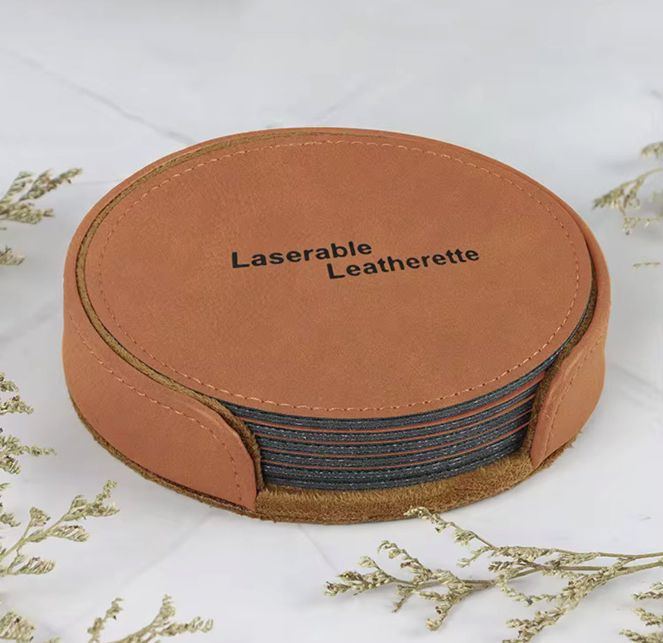 Laser Engraved Coaster Set - 6 Round PU Leather with Holder