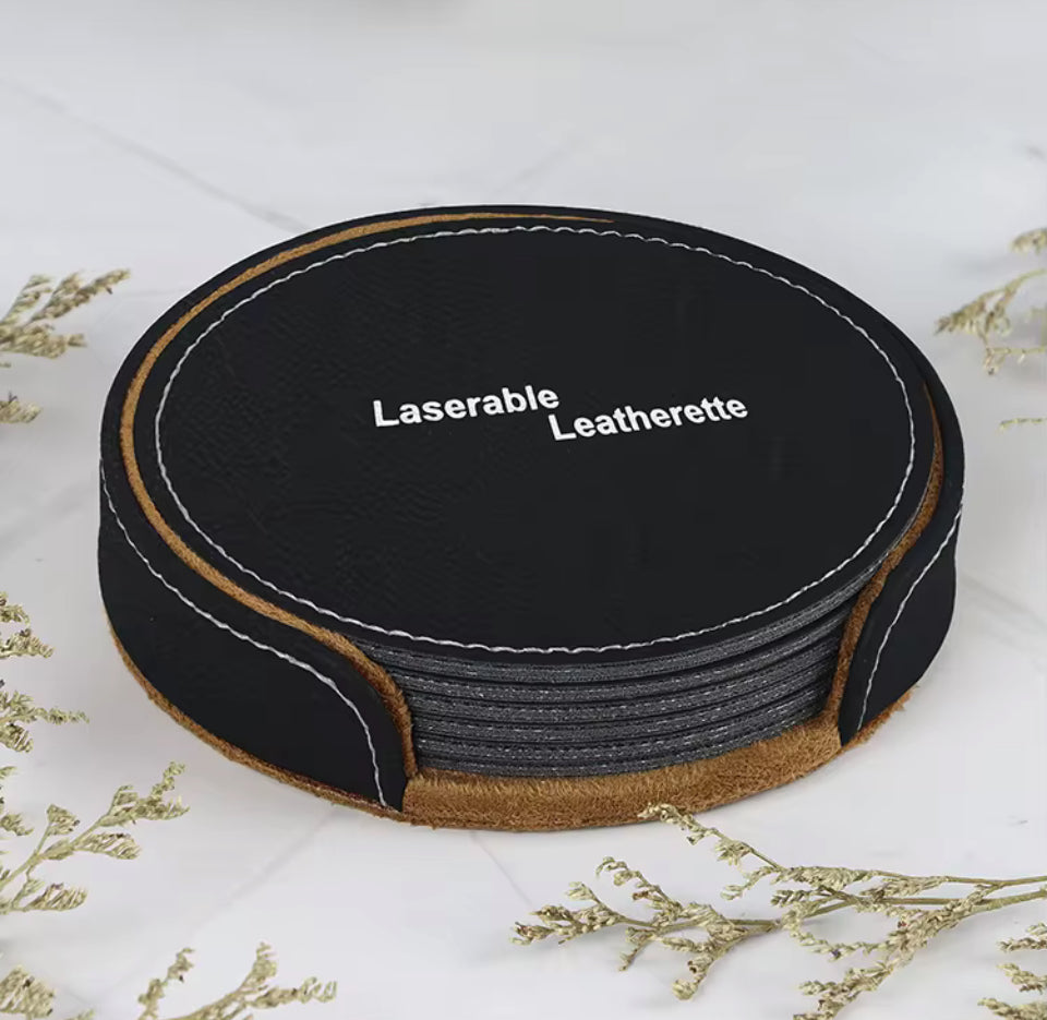 Laser Engraved Coaster Set - 6 Round PU Leather with Holder