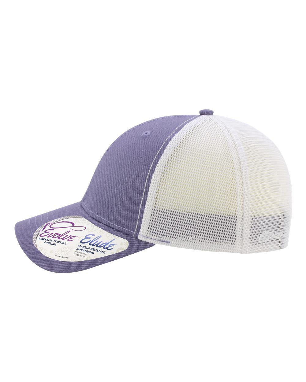 violet and white hat