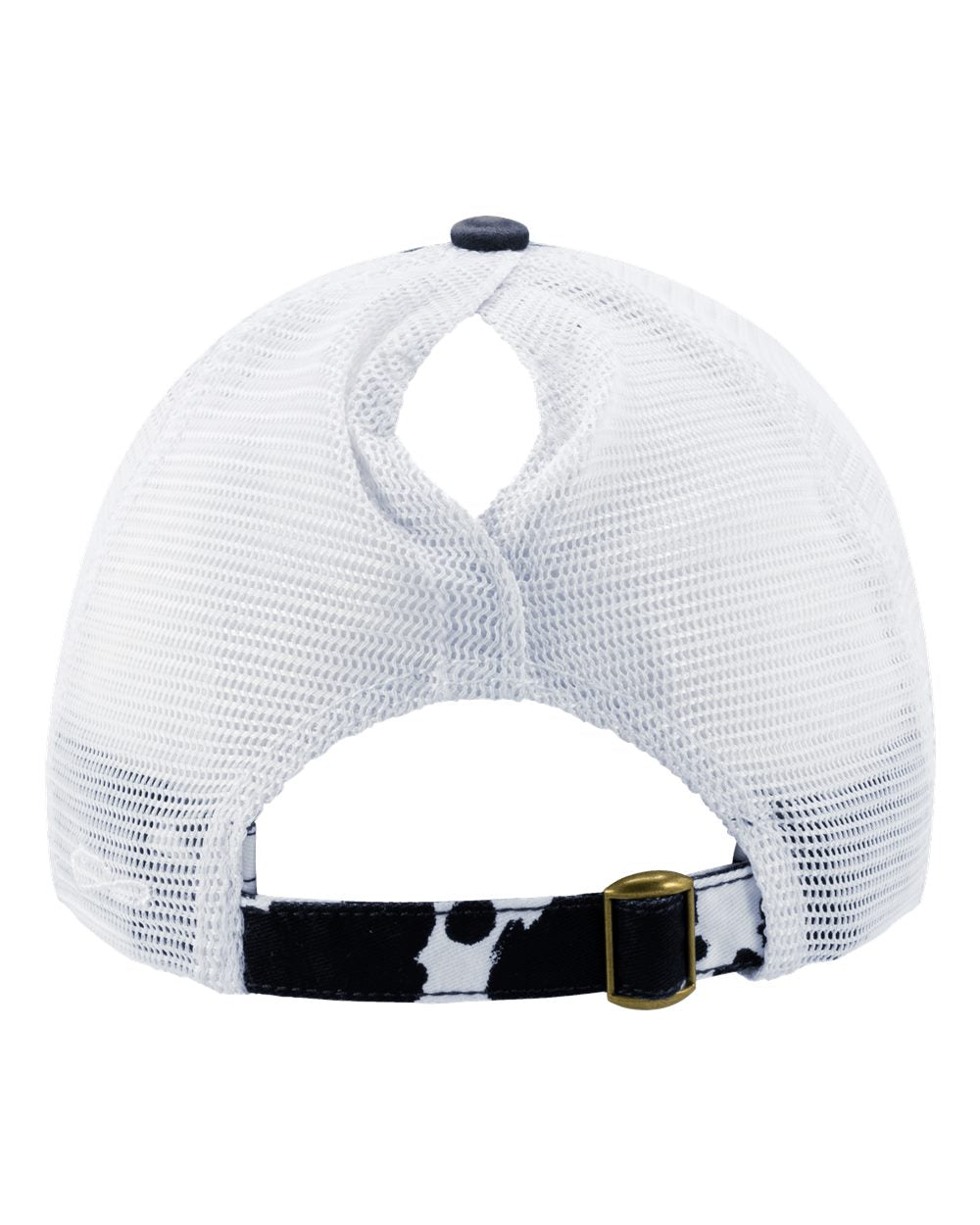 black cow print and white hat