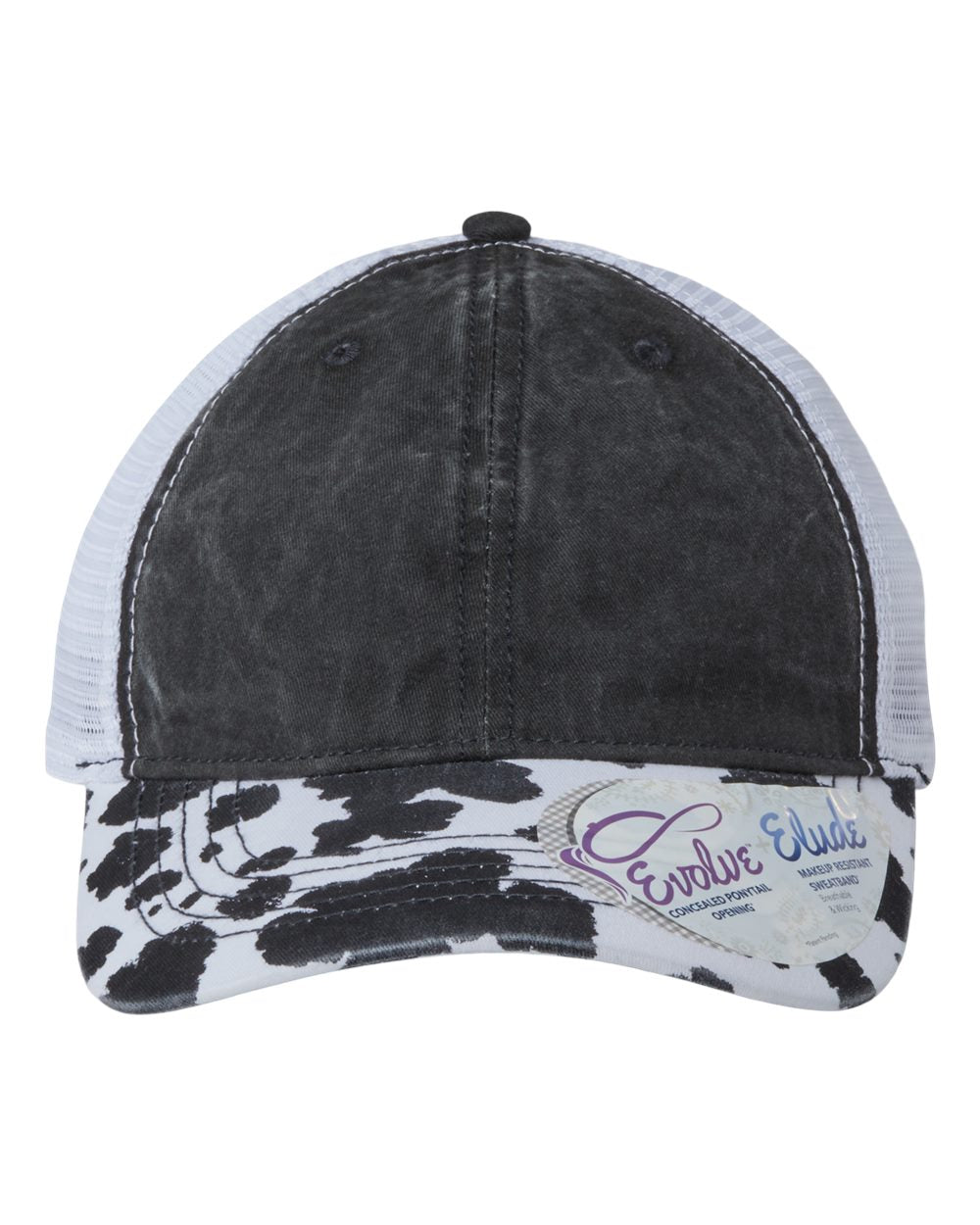 black cow print and white hat