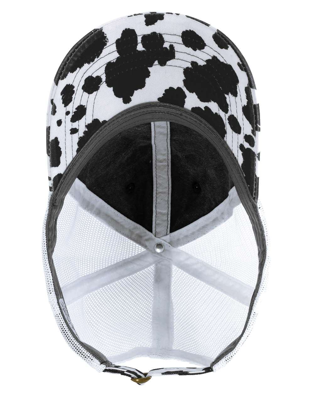 black cow print and white hat