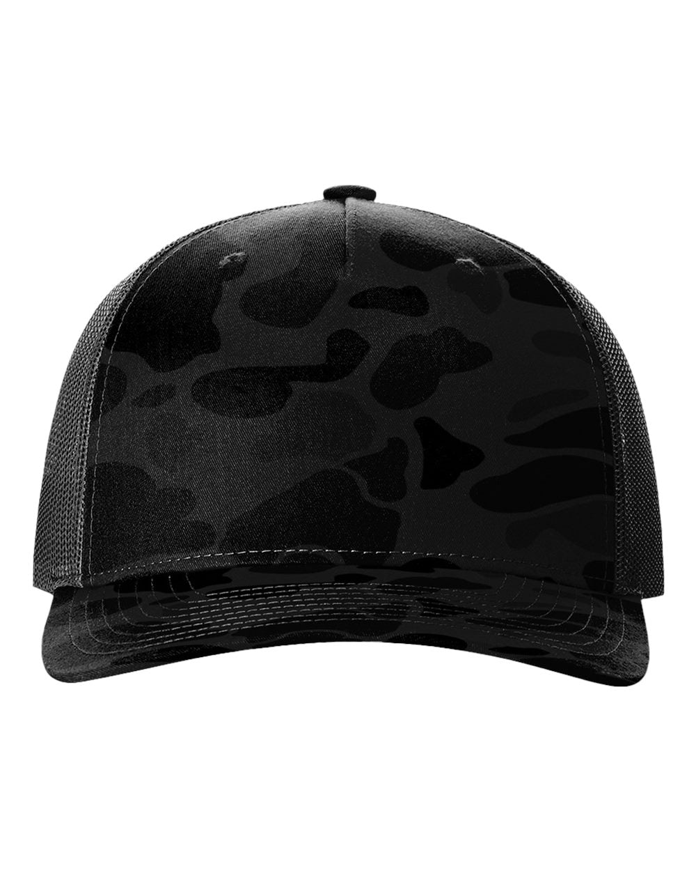 Black camouflage trucker cap on a white background