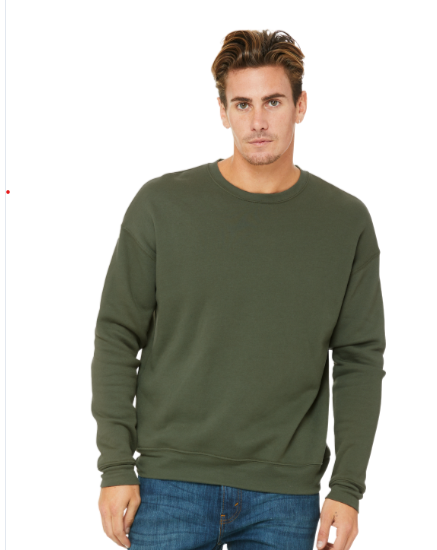 Model wearing a Bella+Canvas drop shoulder sweatshirt in Military Green
