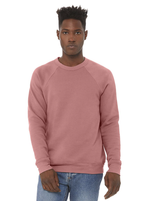 Model wearing a Bella+Canvas raglan sweatshirt in Mauve