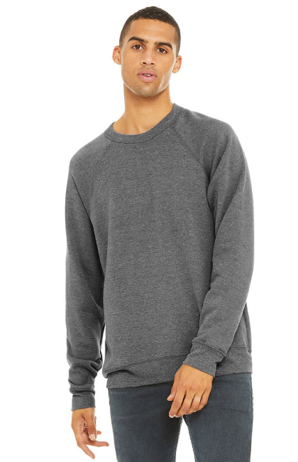 Model wearing a Bella+Canvas raglan sweatshirt in Dark Gray Triblend