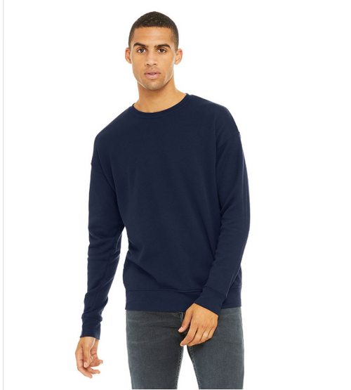 Model wearing a Bella+Canvas drop shoulder fleece sweatshirt in Navy